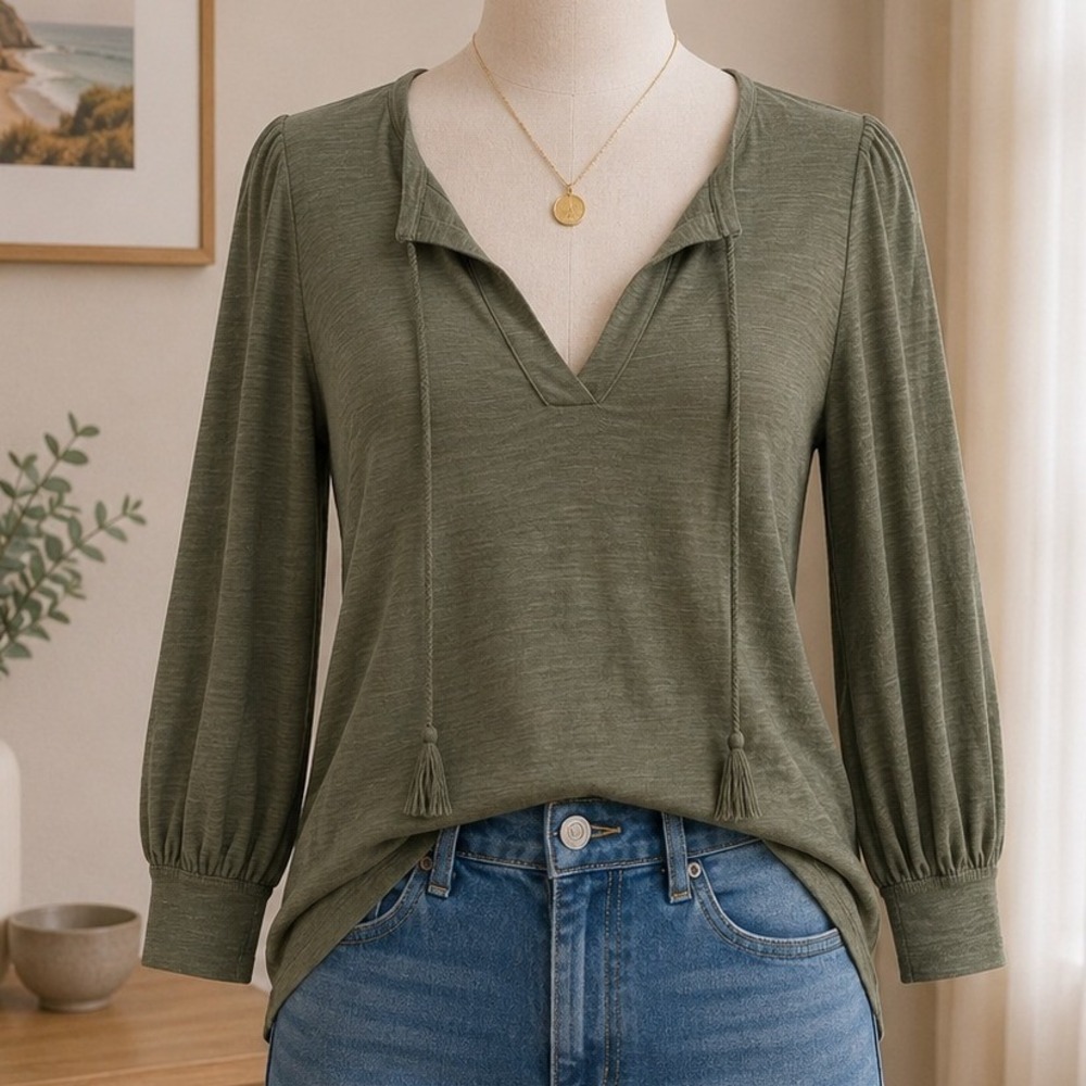 LOFT‎ Womens Blouse Olive Green Tassel Tie Slub Knit XS